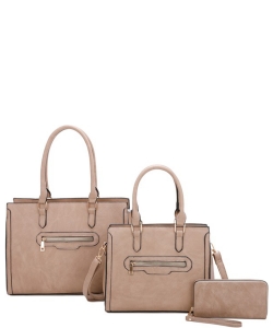 3 in 1 Plain Zipper Fashion Handbag Set LF22511 STONE